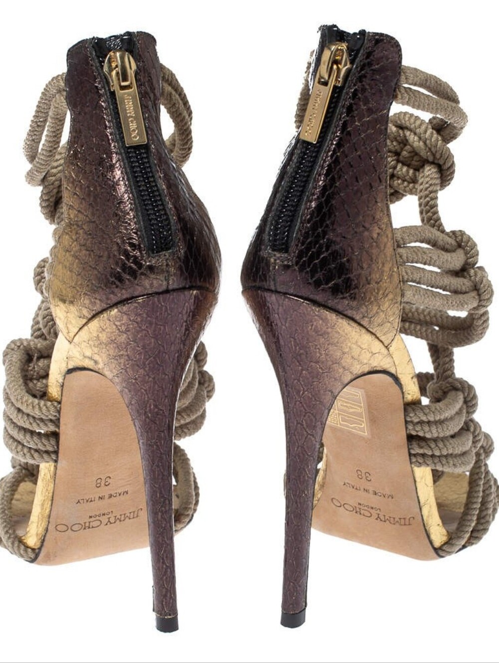 Jimmy Choo Kalmar Rope Knot Elaphe Snake Taupe Gold Gladiator Sandal Heel EU38 - Picture 6 of 9